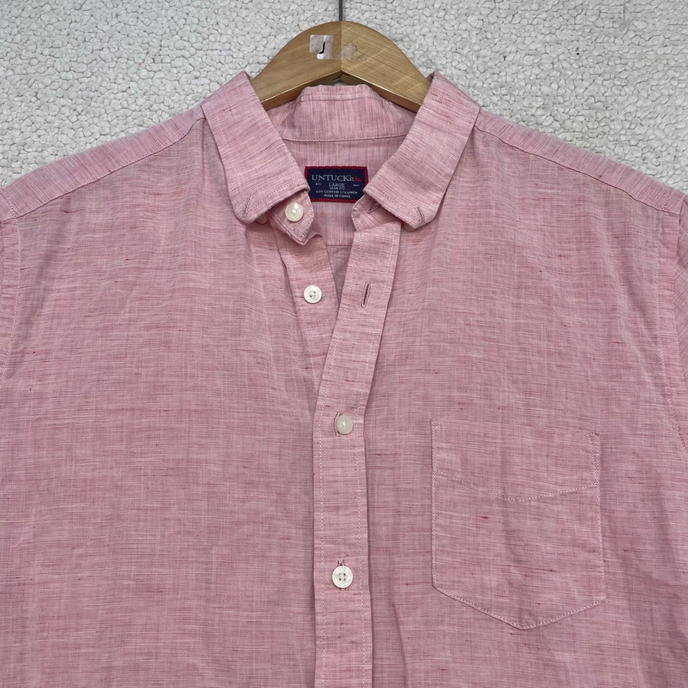 UNTUCKit Button Down Mens Large Pink Cotton Linen Slim Fit Short Sleeve Shirt